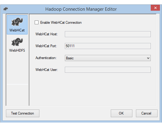 Schermopname van Hadoop Connection Manager Editor met basisverificatie