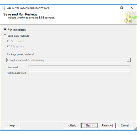 De pagina Pakket opslaan en uitvoeren van de wizard Importeren en exporteren