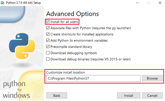 Installatie van Python 3.7 - Installeren voor alle gebruikers