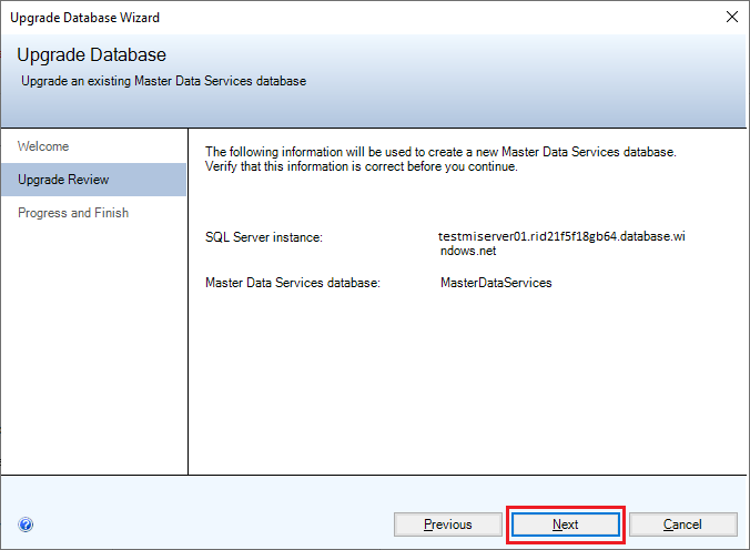 Schermopname van de Upgradebeoordelingspagina van de Upgrade Database Wizard.