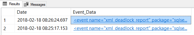 Schermopname van SSMS van het system_health XEvent-queryresultaat.