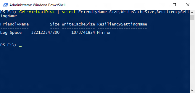Schermopname van een Windows PowerShell-venster met de uitvoer van de Get-VirtualDisk-cmdlet.