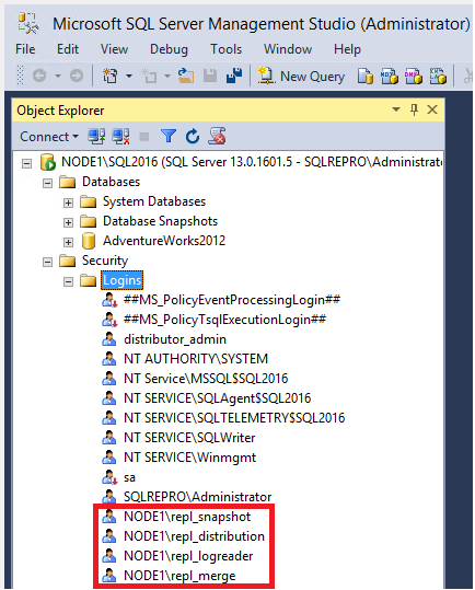 Schermopname van alle vier de accounts in Objectverkenner.