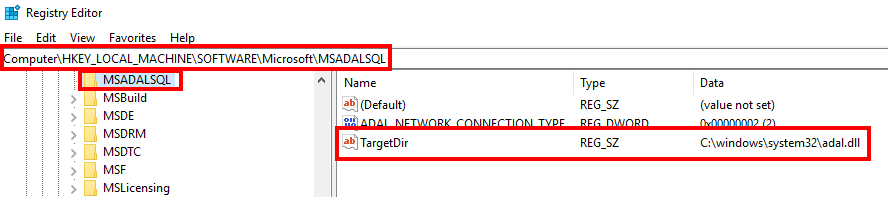 Schermopname van de registersleutel voor adal.dll.