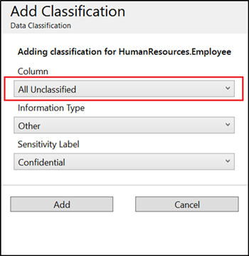 schermopname van SSMS-gegevensclassificatie waarbij alle niet-geclassificeerde kolommen worden geselecteerd