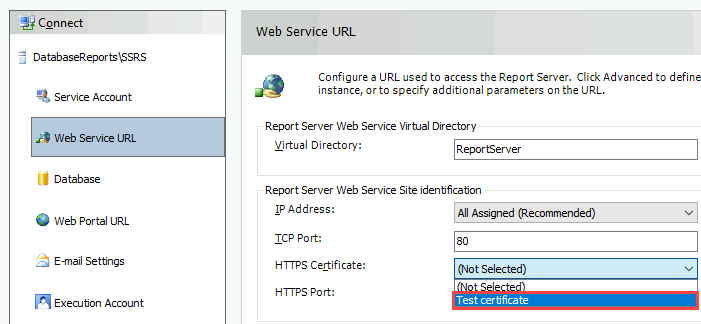 Schermopname van het configuratieprogramma. In de lijst MET HTTPS-certificaten is een certificaat met de naam Testcertificaat gemarkeerd.