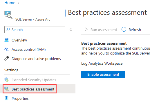Schermopname met de knop voor het inschakelen van best practices-evaluatie voor een SQL Server-resource met Azure Arc.