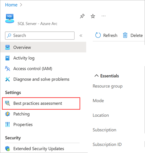 Schermopname van het openen van instellingen voor best practices-evaluatie voor een SQL Server-resource met Azure Arc.