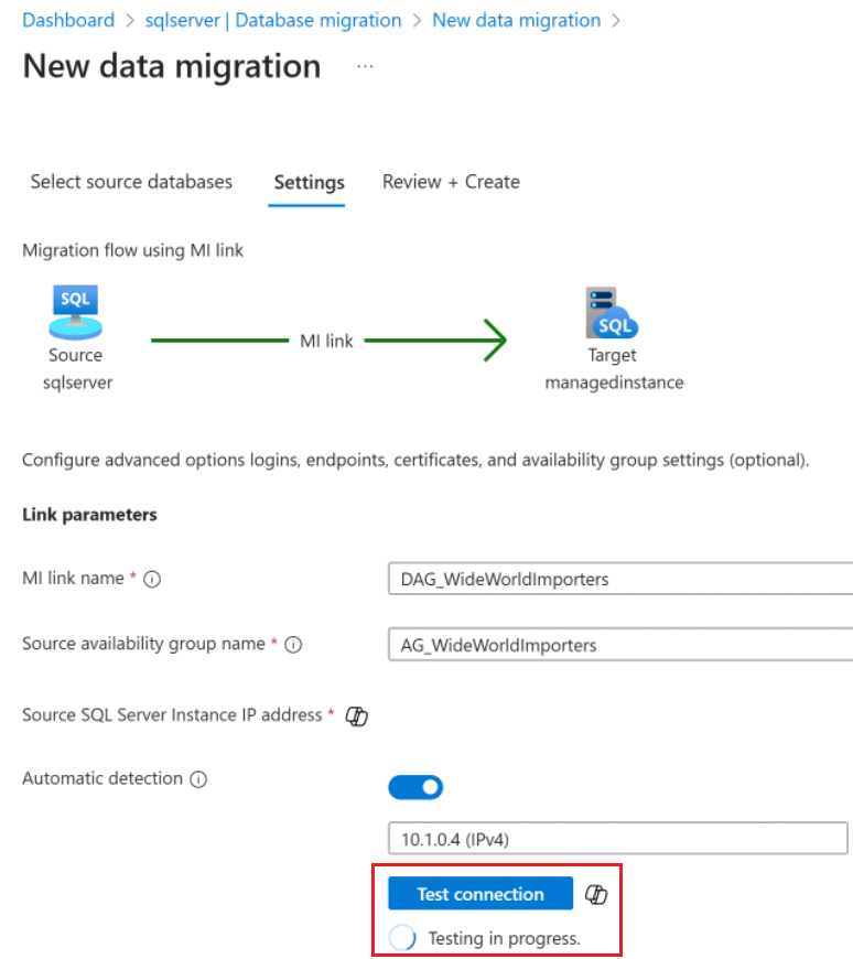 Schermafbeelding met de Managed Instance koppelingstestknop.