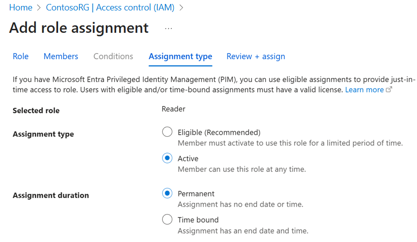 Scherm van het instellen van het toewijzingstype op Actief en de duur van de toewijzing op Permanent op het tabblad Toewijzingstype in de Azure portal.