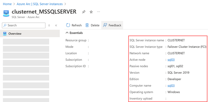Schermopname van Azure portal voor een failoverclusterexemplaar die is ingeschakeld door Azure Arc.
