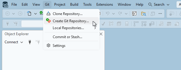 Schermopname van de optie Git-opslagplaats maken in het Git-menu in SQL Server Management Studio.