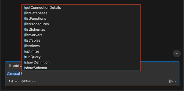 Schermopname van de tweede set slash-opdrachtopties uit de MSSQL-extensie in GitHub Copilot-chat.