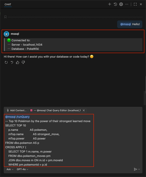 Schermopname van de opdracht /runQuery slash met SQL voor de krachtigste Pokémon.