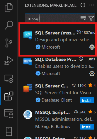 Schermopname van het installeren van de MSSQL-extensie in Visual Studio Code.
