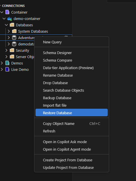 Schermopname van de optie Database herstellen in het contextmenu Objectverkenner.