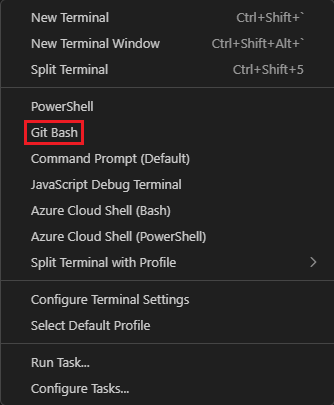 Schermopname van het Visual Studio Code-terminalvenster met de selectie van de shell in de vervolgkeuzelijst.