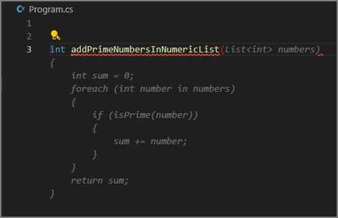 Schermopname van de automatische aanvulling voor een methode die de priemgetallen in een lijst optelt.