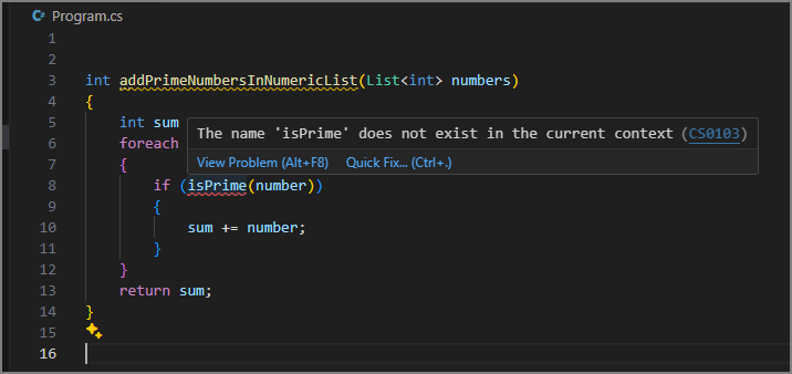 Schermopname van de methode addPrimeNumbersInNumericList die is samengevoegd in de code met isPrime onderstreept in rood.