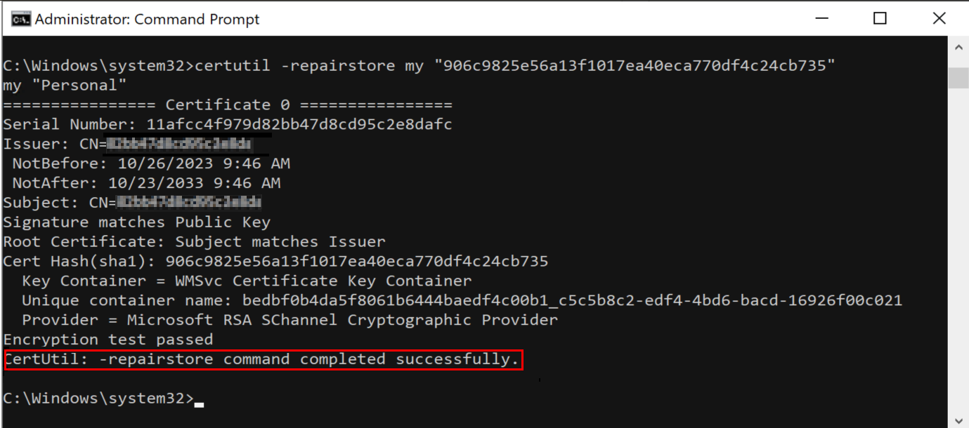 Schermopname van de opdrachtconsole met een bericht dat de opdracht is voltooid.