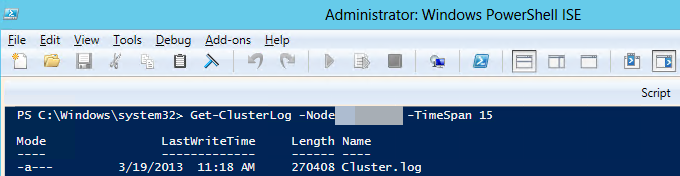 Schermopname van het Windows-clusterlogboek in Windows PowerShell.
