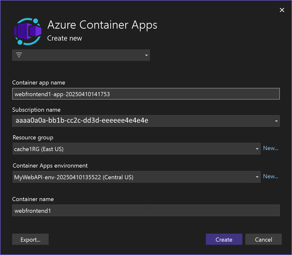 Schermopname van het scherm in het publicatieproces waarin u een bestaande container opgeeft of een nieuwe container maakt voor Webfrontend.