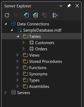 Schermopname van het uitgevouwen Tabellen-knooppunt.