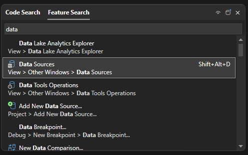 Schermopname van gegevensbronnen in het zoekvak.