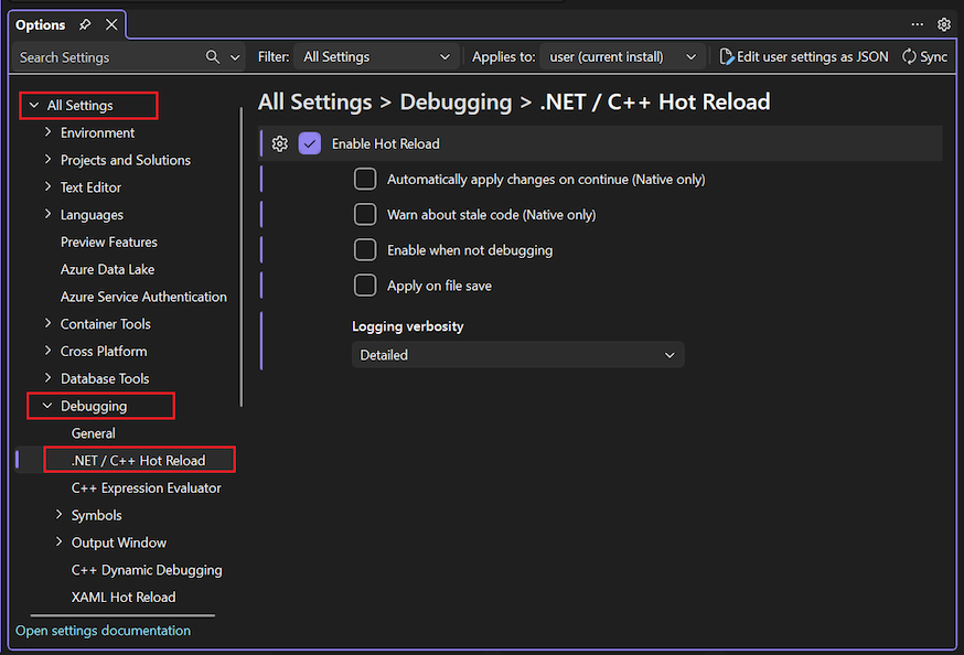 Schermopname van instellingen voor .NET C++ Hot Reload in Visual Studio.