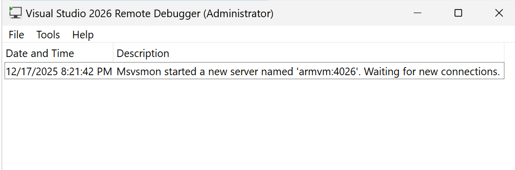 Schermopname van het venster van de externe debugger voor Visual Studio.