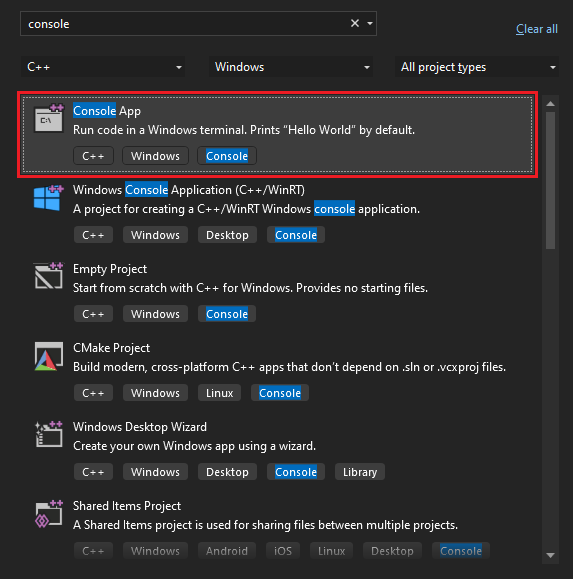 Schermopname die laat zien hoe u de console-app-sjabloon kunt zoeken en selecteren in het startvenster van Visual Studio 2022.