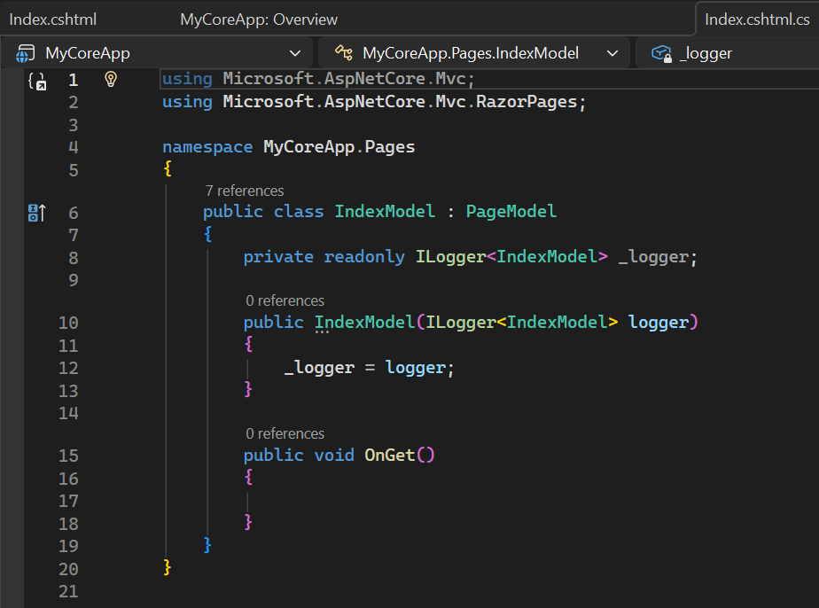 Schermopname toont het Index.cshtml.cs bestand dat is geopend in de Visual Studio Code-editor.