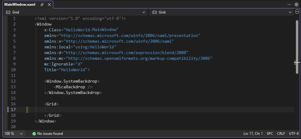 Schermopname met MainWindow.xaml geopend in de Visual Studio IDE. In het deelvenster XAML-editor worden de XAML-markeringen voor het venster weergegeven.