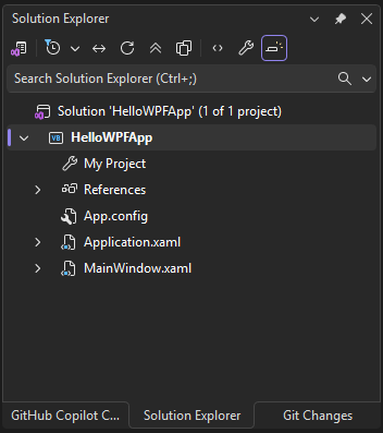 Schermafbeelding met de bestanden in het HelloWPFApp-project en de oplossing in de Solution Explorer.