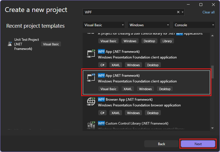 Schermopname van het dialoogvenster Een nieuw project maken met WPF ingevoerd in het zoekvak, Visual Basic geselecteerd in de lijst met talen en de projectsjabloon 'WPF App (.NET Framework)' gemarkeerd.