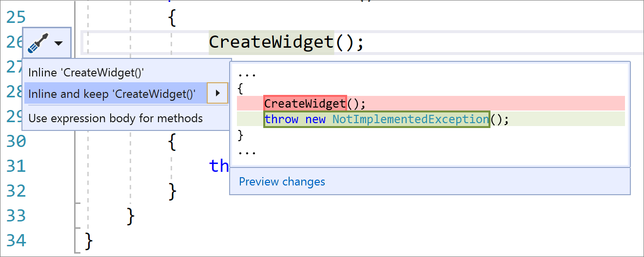 Schermopname van het menu Snelle acties en herstructureringen in Visual Studio met Inline converteren en 'CreateWidget()' geselecteerd en C#-codewijzigingen worden weergegeven.