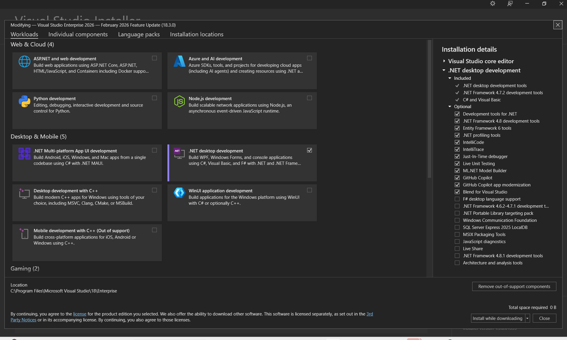 Schermopname van het tabblad Workloads van Visual Studio Installer.