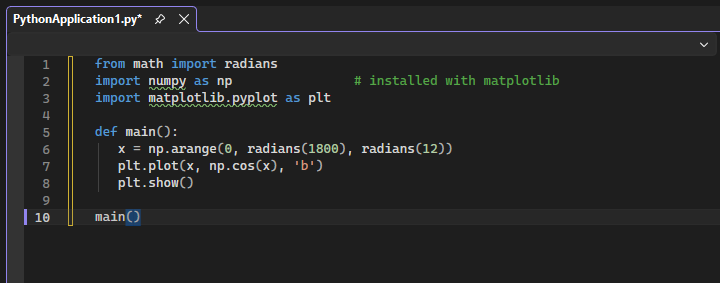 Schermopname van hoe Visual Studio speciale opmaak gebruikt om aan te geven dat de importinstructie matplotlib niet is opgelost.