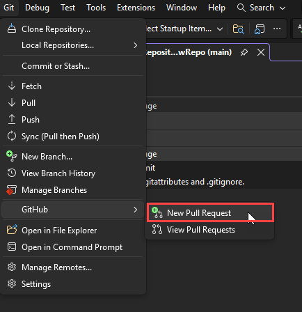 Schermopname van het menu Op het hoogste niveau van Git met GitHub geselecteerd en de tekst 'Nieuwe pull-aanvraag' gemarkeerd in Visual Studio.