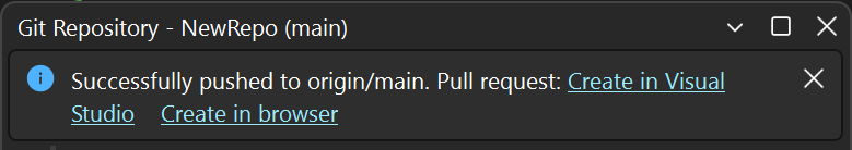 Schermopname van het venster Git-wijzigingen met de infobalk 'QP met succes naar origin gepusht. Pull request: Maak in Visual Studio of maak in de browser.' in Visual Studio.