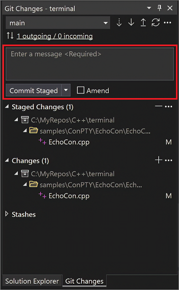 Schermopname van het dialoogvenster Git-wijzigingen in Visual Studio 2022.