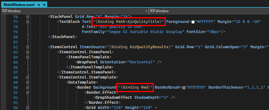 Schermopname van voorbeeldbindingen in de XAML-editor.