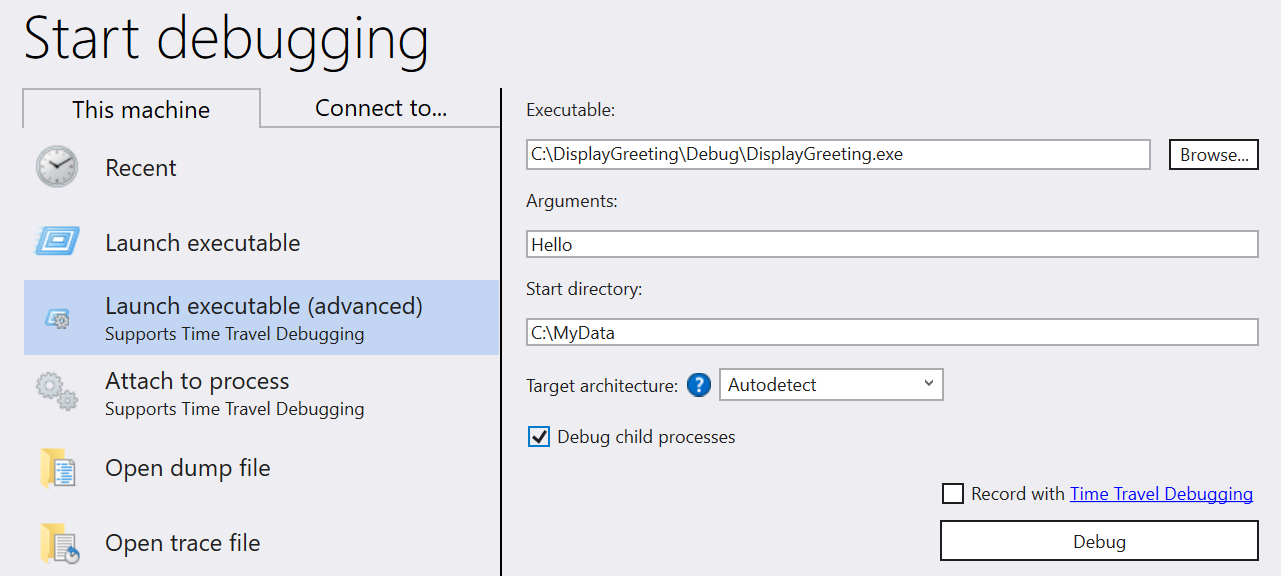 Schermopname van het dialoogvenster Uitvoerbaar bestand starten (geavanceerd) met opties.