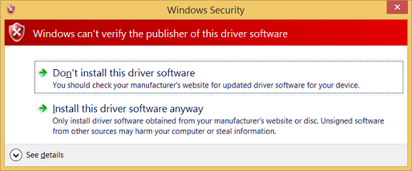 Schermopname van windows-beveiligingswaarschuwing waarin staat dat Windows de uitgever van stuurprogrammasoftware niet kan verifiëren.