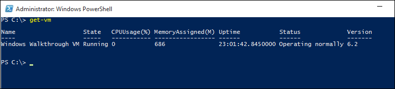 Schermopname van het scherm Administrator Windows Power Shell met de uitvoer na het invoeren van Get V M.