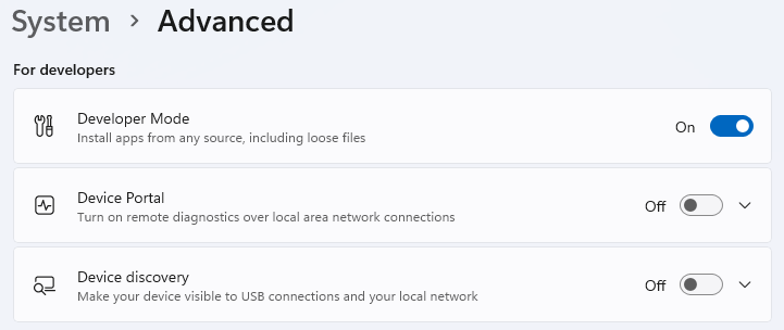 A schermopname van Windows Geavanceerde instellingen voor ontwikkelaars, met de ontwikkelaarsmodus, de apparaatportal en apparaatdetectie.