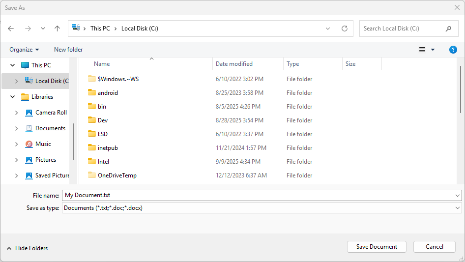 Een schermopname van een kiezer voor het opslaan van bestanden met de voorgestelde bestandsnaam 'Mijn document' en het bestandstype 'Documenten' (.txt, .doc, .docx).