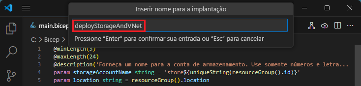 Captura de tela da inserção do nome da implantação.
