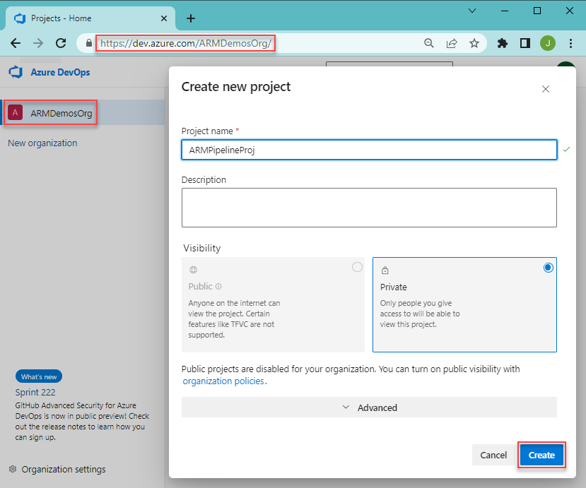 Captura de tela da criação de um projeto do Azure DevOps para o Azure Resource Manager, o Azure DevOps e o Azure Pipelines.