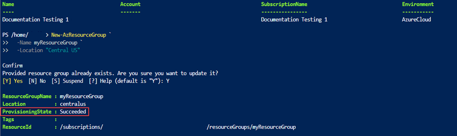 Captura de tela da saída do PowerShell mostrando o estado de provisionamento de implantação bem-sucedido.